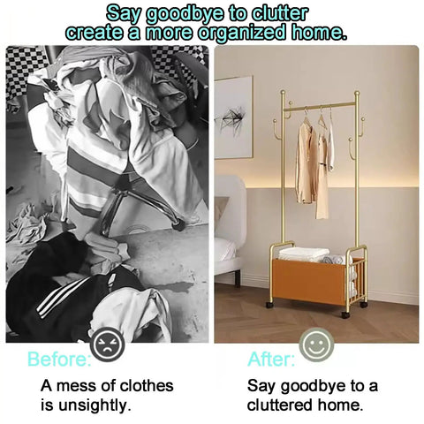 Industrial Metal Clothing Rack On Wheels Freestanding Garment Organizer before and after clutter organization comparison
