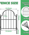 Arch Garden Fence Panels 22 Inch High No Dig Rustproof Metal Fence With Ground Stakes 11 Ft Total Length Set For Rabbits And Dogs Pet Barrier For Yard Patio Decor Easy Install And Weather Resistant diagram showing panel size and stakes included.