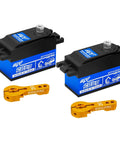 Beefy 20kg Low Profile High Torque Metal Gear Digital Servo With 25T Arm For 1 8 Scale 1 10 Scale 1 12 Scale RC Cars And Robots Set Of Two black and blue servos with gold 25T arms