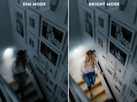 Plug In LED Night Light With Auto Dusk To Dawn Sensor Adjustable Brightness And Color Temperature From Warm White To Cool White Perfect For Bathroom Hallway Bedroom Kids Room Kitchen Stairway 6 Pack showing dim and bright modes on stairway