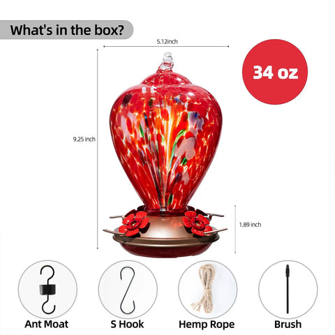 34 Oz Hand Blown Glass Hummingbird Feeder With Ant Moat For Outdoors Hanging And Leakproof Metal Base With Safe Ports