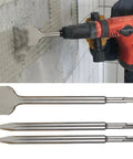 Six Piece SDS Plus Chisel Set For Rotary Hammer Built Tough With 40Cr Steel Beastly Durable Concrete Tile Brick Masonry Removal Kit Including Point Chisel 20mm Flat Chisel 40mm Flat Chisel in action with rotary hammer on concrete