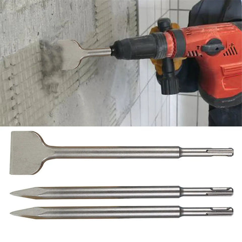Six Piece SDS Plus Chisel Set For Rotary Hammer Built Tough With 40Cr Steel Beastly Durable Concrete Tile Brick Masonry Removal Kit Including Point Chisel 20mm Flat Chisel 40mm Flat Chisel in action with rotary hammer on concrete