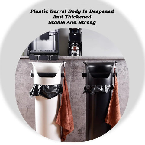 Hella Tough Espresso Knock Box Set With 25 Waste Bags And Quick Dry Towel Offering 8.6 Liter Floor Standing Coffee Grounds Bin in white and black.
