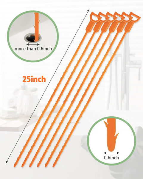 Heavy-Duty 25-Inch Drain Clog Remover Kit For Hair Buildup, Plumbing Snake With Easy Grip Handle, Shower Drain Cleaner And Hair Catcher For Most Drains, Fast Unclogging, No-Fuss Poly Construction, 6 Pack, orange 25-inch poly drain snakes