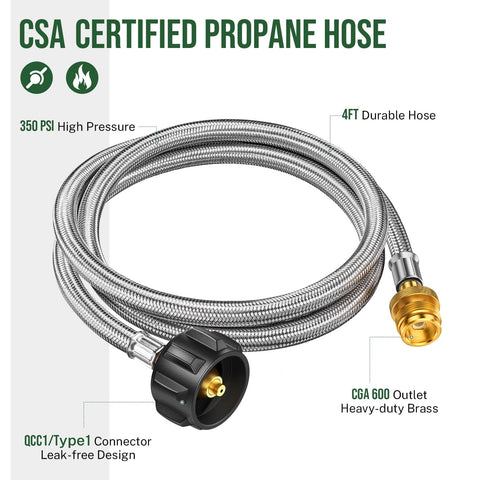 4ft durable hose with brass connectors, CSA certified, high-pressure for 5 Foot Propane Hose Adapter For 1lb To 20lb Converters
