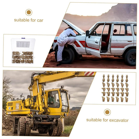 Copper Grease Nipples Assortment Kit For Hydraulic Systems, 106 Pcs with images of car and excavator for lubrication use