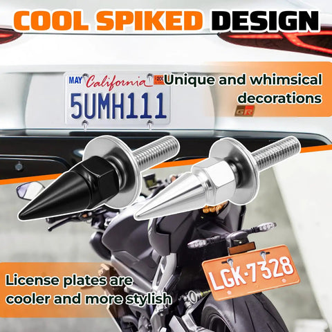 Hella Tough Aluminum Alloy Spiked License Plate Screws Kit Includes Nuts And Washers Bold Anti Theft Bolts In Sleek Silver Finish for stylish car license plates.