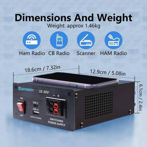 13.8V 30A DC Regulated Beefy Go-To Bench Power Supply With USB-C Quick Charge and dimensions, weight 1.46kg displayed
