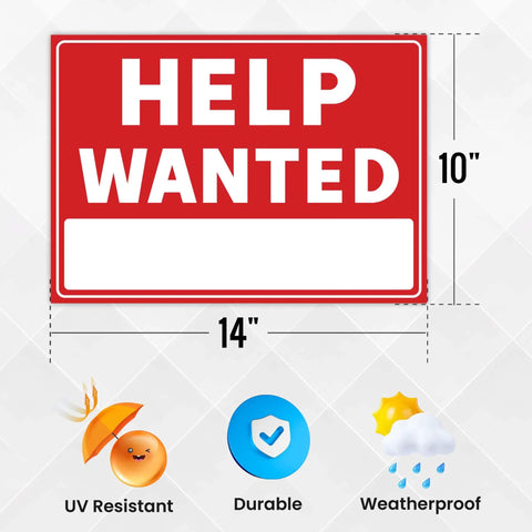 Two Pack Help Wanted Signs 14 By 10 Inches 20 Mil Polystyrene Durable Indoor Outdoor Weatherproof Vibrant Colors For Your Biz Stores Restaurants Hiring Now - Red sign with dimensions and icons showing UV resistance, durability, and weatherproof features.