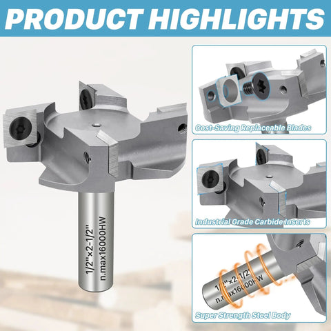 Heavy Duty Half Inch Shank Two And A Half Inch Cutting Diameter CNC Spoilboard Surfacing Router Bit With Four Wing Replaceable Industrial Grade Carbide Tipped Inserts For Slab Flattening Bottom Cleaning And Woodworking Milling