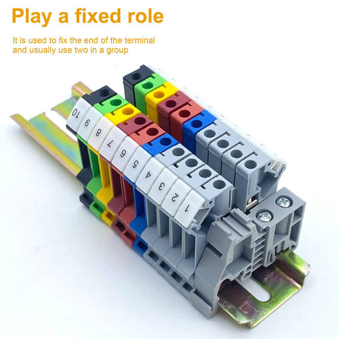 Colorful terminal blocks arranged on a metal DIN rail with DIN Rail End Stopper Bracket For 35mm Wide Guide Rail Terminal Blocks
