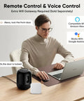 Person using a laptop with a smart speaker and Wi-Fi module for the Rock Solid Slick Fingerprint Smart Front Door Lock Set.