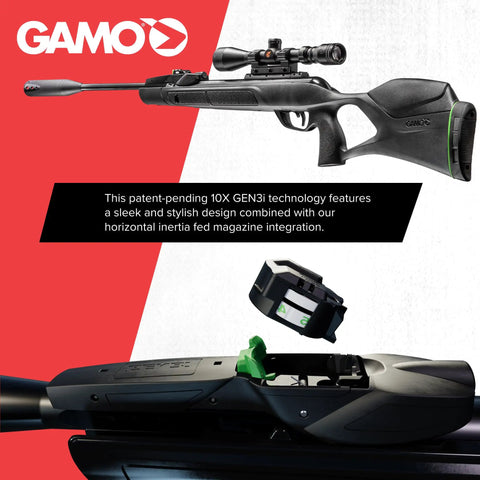 Swarm Magnum 10X GEN3i Inertia Fed Break Barrel.22 Caliber Pellet Rifle with 10 Shot Magazine, close-up of design and features.