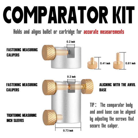 Bullet And Headspace Gauge Comparator Kit With Fourteen Inserts And Six Bushings And Anvil Base for measuring ammo depth