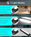 Wireless Car Interior Lights 2 Pack With Motion Sensor showing button functions and light modes, close-up view