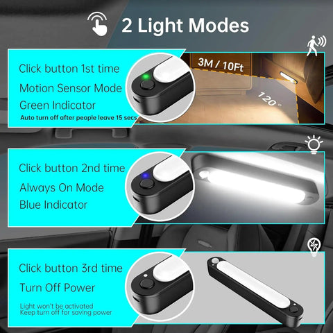 Wireless Car Interior Lights 2 Pack With Motion Sensor showing button functions and light modes, close-up view