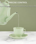 Gooseneck Electric Kettle 1L 1500W for Pour Over Coffee and Tea, Stainless Steel BPA Free Water Boiler With Auto Shutoff and Boil Dry Protection, Precise Slow Pour, Pro Grade Ergonomic Handle, Green pouring into cup.