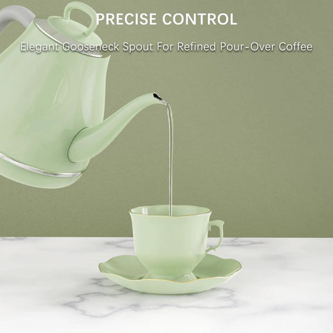 Gooseneck Electric Kettle 1L 1500W for Pour Over Coffee and Tea, Stainless Steel BPA Free Water Boiler With Auto Shutoff and Boil Dry Protection, Precise Slow Pour, Pro Grade Ergonomic Handle, Green pouring into cup.