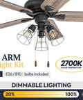 Close-up of 52-Inch Industrial Style LED Ceiling Fan With Light Kit, Edison style cage lights and 5 dual finish barn wood blades