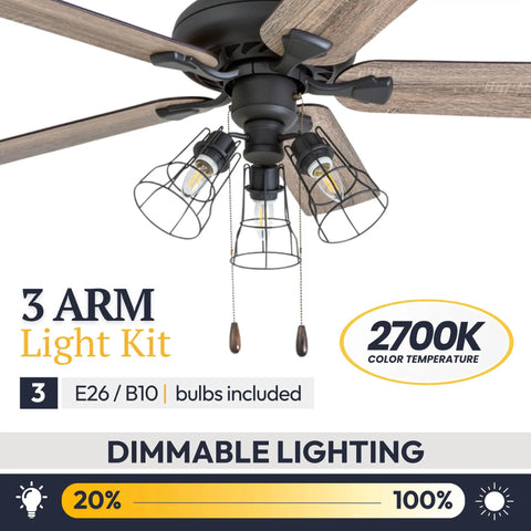 Close-up of 52-Inch Industrial Style LED Ceiling Fan With Light Kit, Edison style cage lights and 5 dual finish barn wood blades