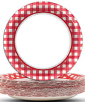 48 Pack Red And White Checkered Disposable Paper Plates For Backyard Kickbacks, 7 Inch round paper plates in a stack.
