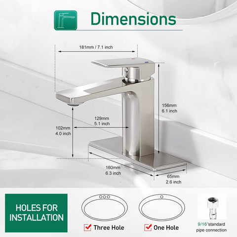 Brushed Nickel Single Handle Bathroom Faucet For One Or Three Hole Sinks With 6 Inch Deck Plate, Easy Install RV Ready