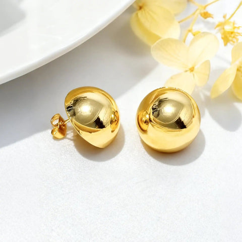 Gold Plated Dope Half Ball Dome Stud Earrings For Women Hypoallergenic Nickel Free Polished Round Button Post Minimalist Jewelry Gift For Christmas Birthday Party, 18mm