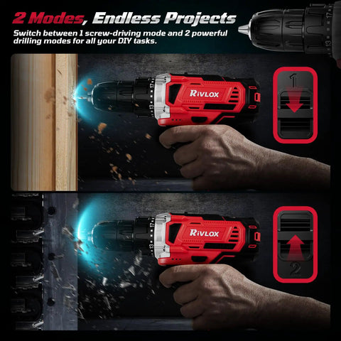 20V Cordless Power Drill Set With Dual 2000mAh Batteries 30Nm Torque 21 And 1 Clutch Settings shown in two speed settings