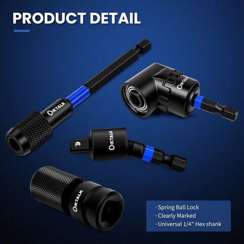 Beefy 14 Piece 1/4 Inch Impact Socket Adapter Kit With Universal Joints And Angle Drill Attachment Includes 8 Extension Bars From 65mm To 150mm Retractable Magnetic Bit Holder Heavy Duty Versatile Driver Accessory Set, 1/4 hex shank