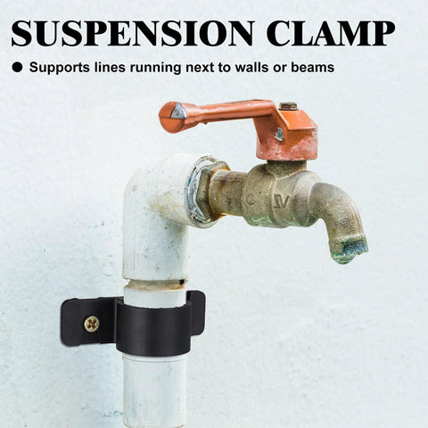 Front view of a 1/2 inch pipe suspension clamp around white PVC pipe with a red-handled brass valve