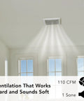 Energy Star Bathroom Exhaust Fan With 110 CFM Quiet 1.0 Sones installed in ceiling with soft light and white finish