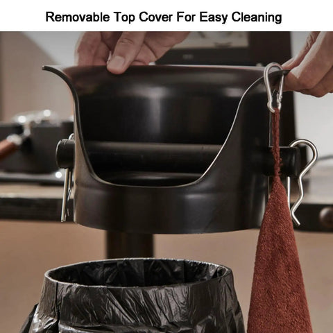 Removable top cover of White Matte Knock Box For Espresso Machines Vertical Coffee Grounds Dump Bin shown above trash bin.