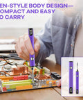 Person using Compact 510 Thread Soldering Pen Kit With USB Rechargeable Battery, Adjustable Voltage 2.7V 3.4V 4.2V on circuit board