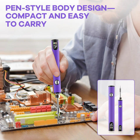 Person using Compact 510 Thread Soldering Pen Kit With USB Rechargeable Battery, Adjustable Voltage 2.7V 3.4V 4.2V on circuit board