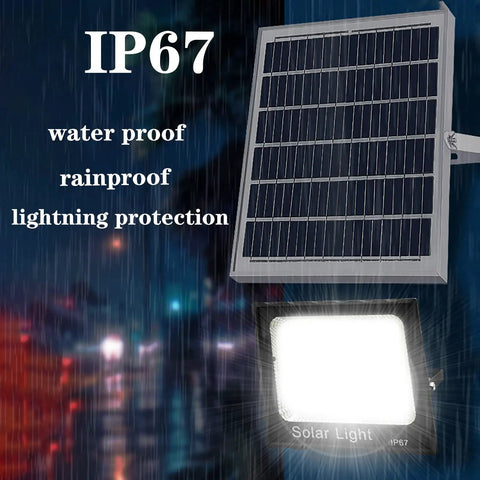 JUDYSSY Solar Flood Light60W100W200W, waterproof solar light with IP67 rating and solar panel, for garages and yards.