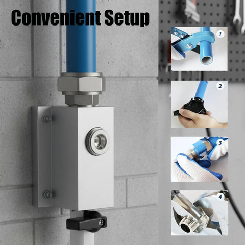 Setup of Three Quarter Inch Compressed Air Line Outlet Kit Featuring Two Anodized Aluminum Manifold Blocks Two Brass Valves