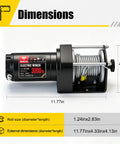 Zehuax 3000LBS 12V DC Electric Winch With Waterproof Steel Cable And Wired Remote Control dimensions showing 11.77in x 4.33in x 4.13in.