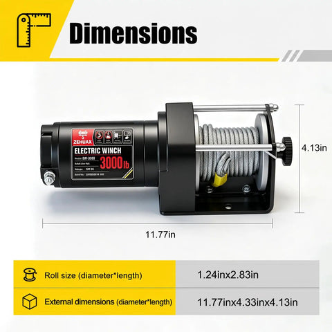 Zehuax 3000LBS 12V DC Electric Winch With Waterproof Steel Cable And Wired Remote Control dimensions showing 11.77in x 4.33in x 4.13in.
