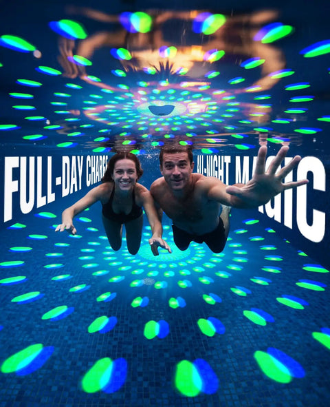 All Day Sun Powered Floating Pool Fountain Kit With Light Show Two Pack Upgraded 2026 creates colorful light patterns in pool at night