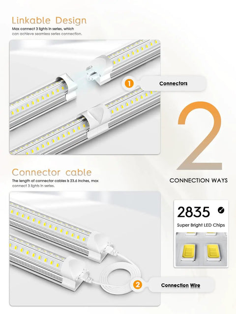 Eight Foot LED Shop Light 90W 12,000 Lumens 5000K V Shape Bulbs connectors and cables for seamless installation.