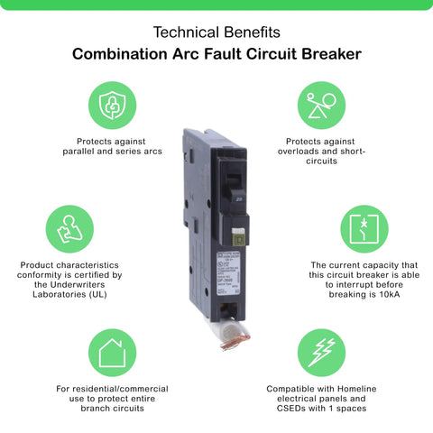 20 Amp Single Pole CAFCI Circuit Breaker For Home Electrical Use, 120/240V, Plug-On Design, Homeline Compatibility, Side View