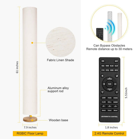 Diagram of 61 Inch RGB Color Changing Floor Lamp With Remote Music Sync Dimmable LED Standing Light Linen Lampshade Modern Corner Lamp with remote