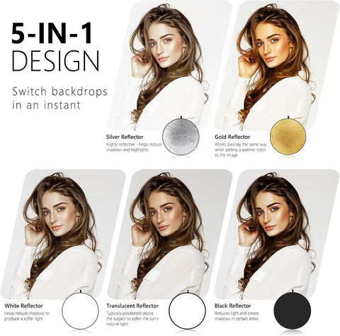 Portrait with 43 Inch 110cm 5 In 1 Collapsible Light Reflector Diffuser; silver, gold, white, translucent, black reflectors shown