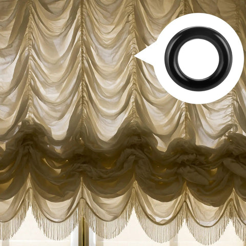 One Hundred Black Plastic Roman Blind Curtain Rings O Rings For Window Treatments Smart Cord Guides Top Shelf Quality Heavy Duty sewn into a draped curtain.