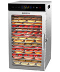 Hella Big 18 Tray Stainless Steel Food Dehydrator Machine With Smooth Touch Panel And 24 Hour Timer For Prepping Jerky Herbs Meats And Veggies With Zero Fuss At Home Or Shop loaded with dried fruit slices.
