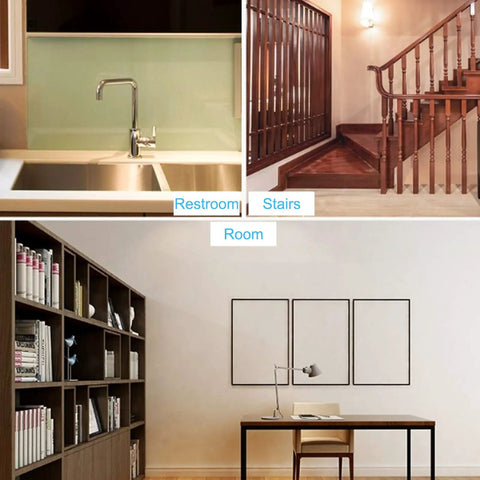 Interior view showing restroom sink, wooden stairs, and office room suitable for Five Point Eight GHz Microwave Motion Sensor Switch TDL1918.