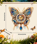 Butterfly Themed 3D Puzzle Clock Kit With Pendulum Wooden Model on wall, featuring blue purple wings and Roman numeral dial.