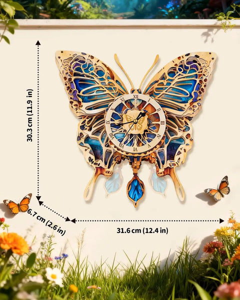 Butterfly Themed 3D Puzzle Clock Kit With Pendulum Wooden Model on wall, featuring blue purple wings and Roman numeral dial.
