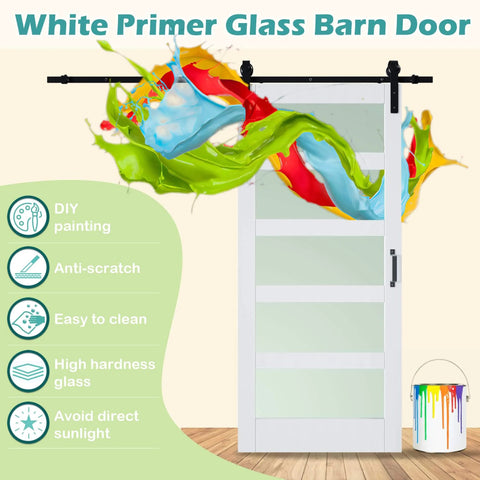 Glass And Wood Barn Door Kit 30In X 84In With Frosted Five-Panel Glass, White Primed MDF Panel, 6 Ft Sliding Hardware